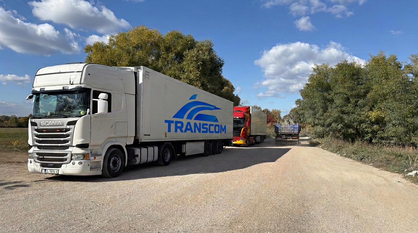Camion Eric Transcom cu prelată inscripționată, pe drum de țară